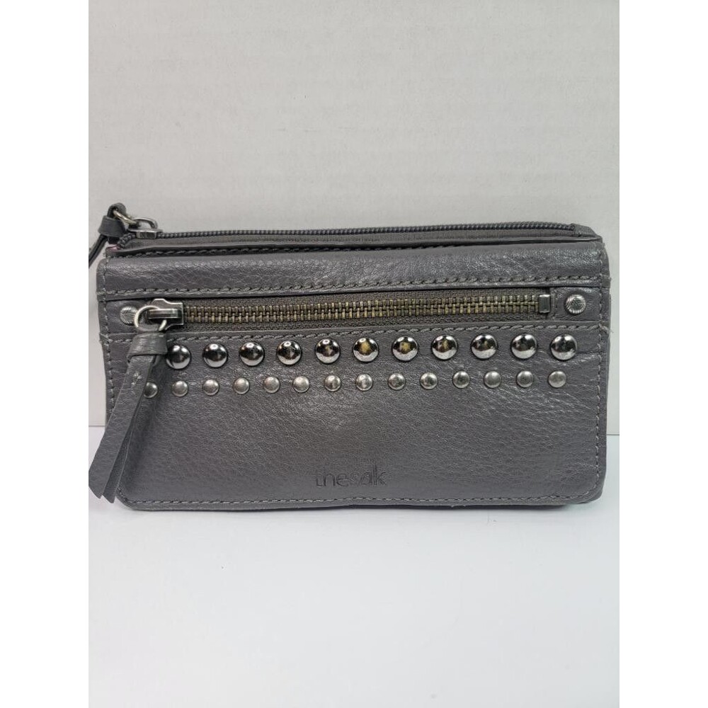 The Sak Gray Leather Studded Wallet Womens Zip Around Bifold Clutch Organizer